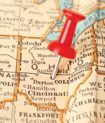 Image of a map of Ohio with a red stick pin in the middle